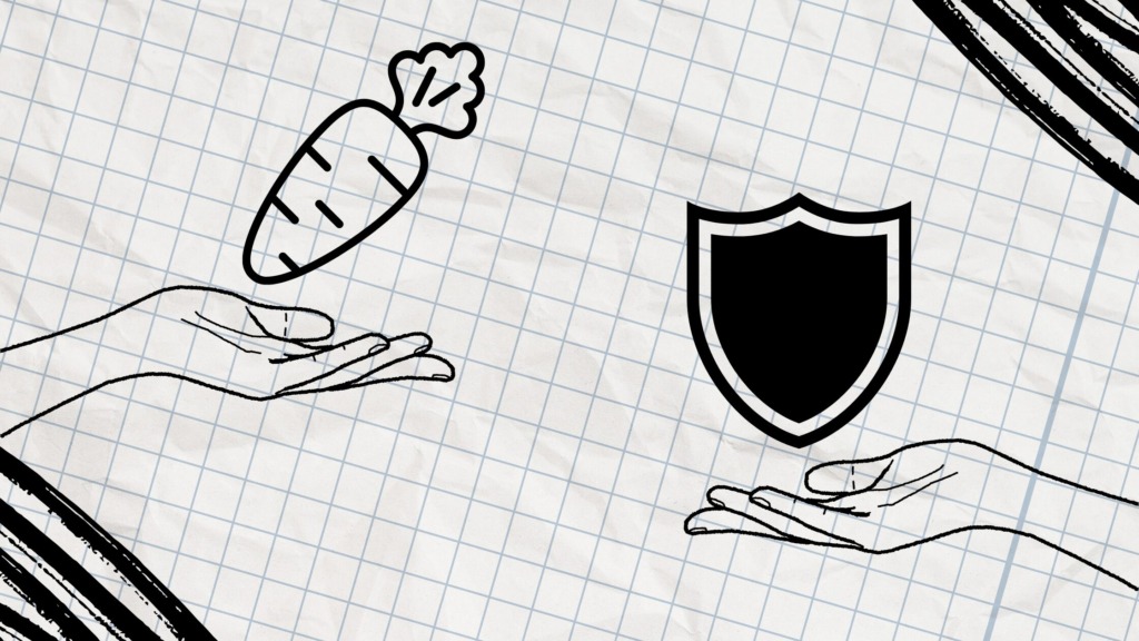 outline of a hand holding a sketch of a carrot on LH side; outline of a hand holding a shield on RH side