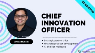 Image featuring Ahraz's face and the words "Chief Innovation Officer," "Congrats," and a list of new responsibility areas: strategic partnerships, financial product development, AI and risk modeling