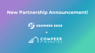 Gradient background of purple, blue, and green with white text. The text reads "Partnership Announcement: Growers Edge + Compeer Financial"