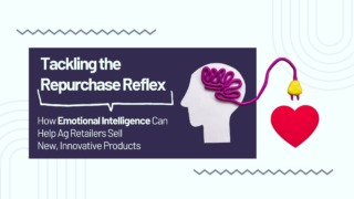 Side silhouette of a face with coiled purple string to look like a brain. The string curves out of the head and ends in a plug, which points down just above a red heart. Text to the left of this image reads "Tackling the Repurchase Reflex: How Emotional Intelligence Can Help Ag Retailers Sell New, Innovative Products"