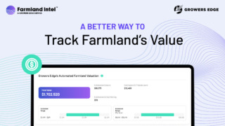 Light purple background with text that reads "A better way to track farmland's value" and a screenshot of the Farmland Intel land valuation report
