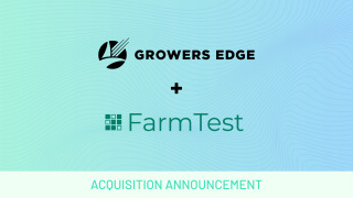 Blue gradient background with text on top: Growers Edge + FarmTest Acquisition Announcement