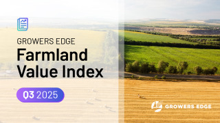 Image of farmland with mountains in the background. Text reads "Growers Edge Farmland Value Index Q3 2025"