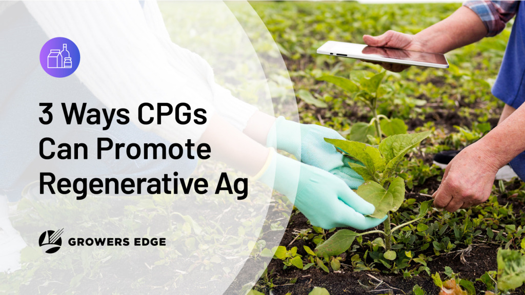 Closeup of two pairs of hands. One is holding a plant in a field; the other is holding a tablet