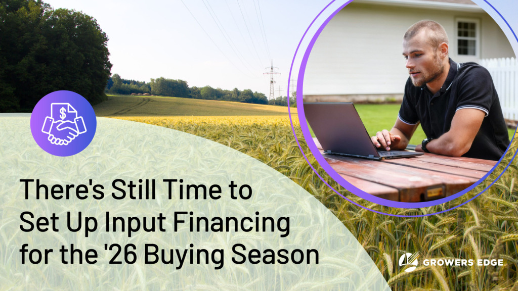 Field with an inset image of a man on a computer at a picnic table. Text reads "There's Still Time to Set Up Input Financing for the '26 Buying Season"
