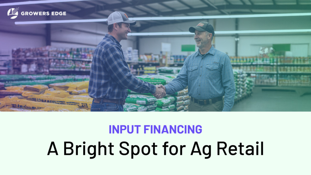 Two men shaking hands inside an ag retail store. Text reads "Input Financing: A Bright Spot for Ag Retail"