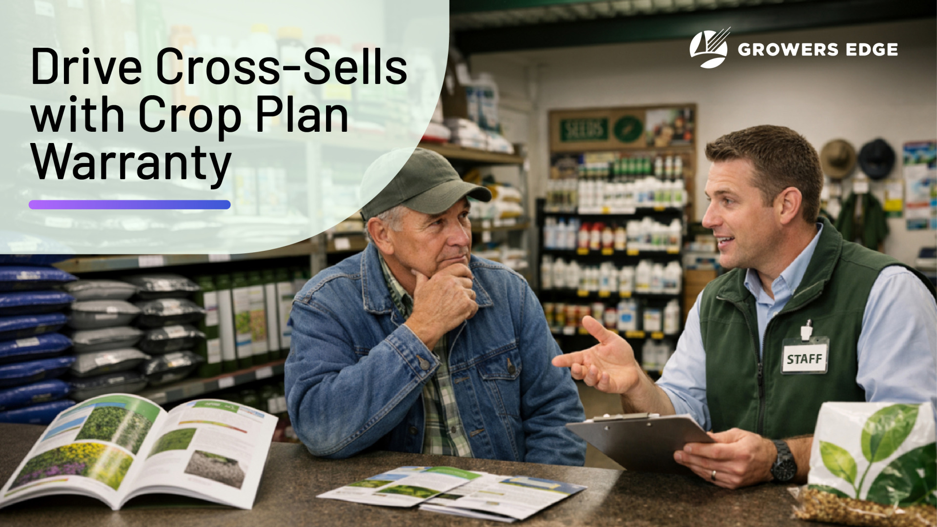 Two men sitting at a table in an ag retail store. One is talking, one has his hand on his chin. Text reads "Drive Cross-Sells with Crop Plan Warranty"