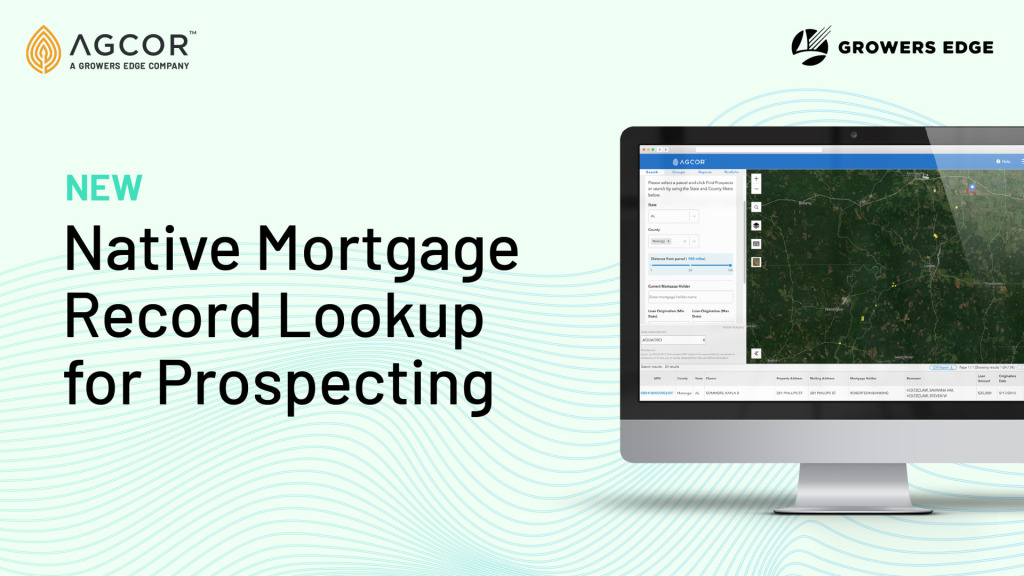 Image of computer screen showcasing map and software. Text reads "New: Native Mortgage Record Lookup for Prospecting"