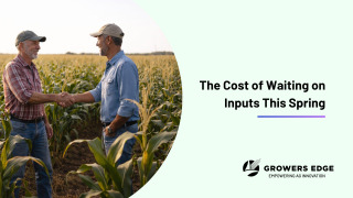 Two farmers shaking hands in a corn field, representing input financing decisions this spring